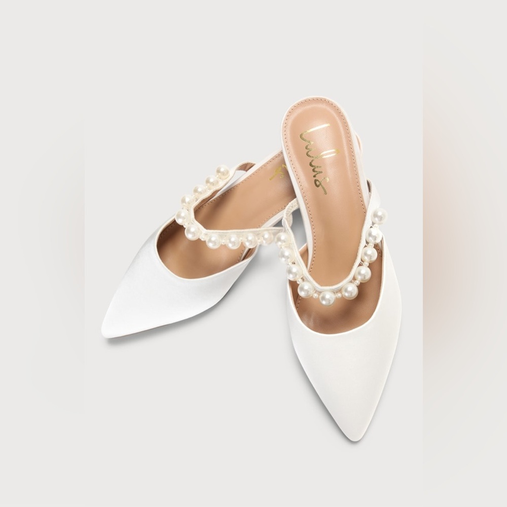 Hershie White Satin Pearl Pointed-Toe Mule Slides